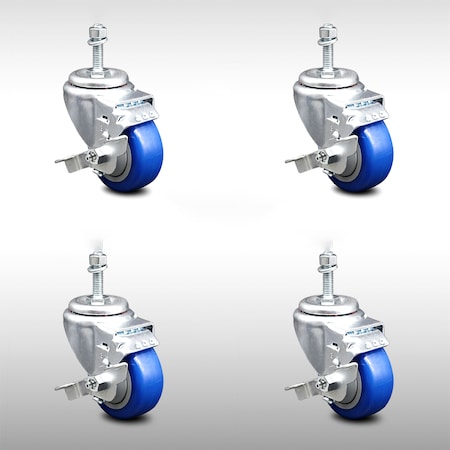 Service Caster 3 Inch SS Blue Polyurethane Swivel 10mm Threaded Stem Caster Set Brake SCC SCC-SSTS20S314-PPUB-BLUE-TLB-M1015-4